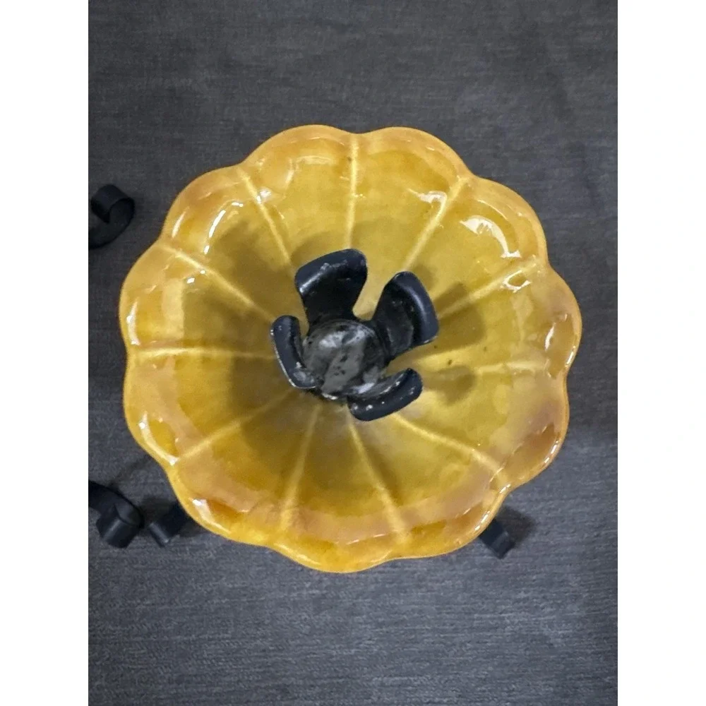 VTG Treasure Craft 2 Candle Holder Black Metal Scroll Yellow Ceramic Floral READ